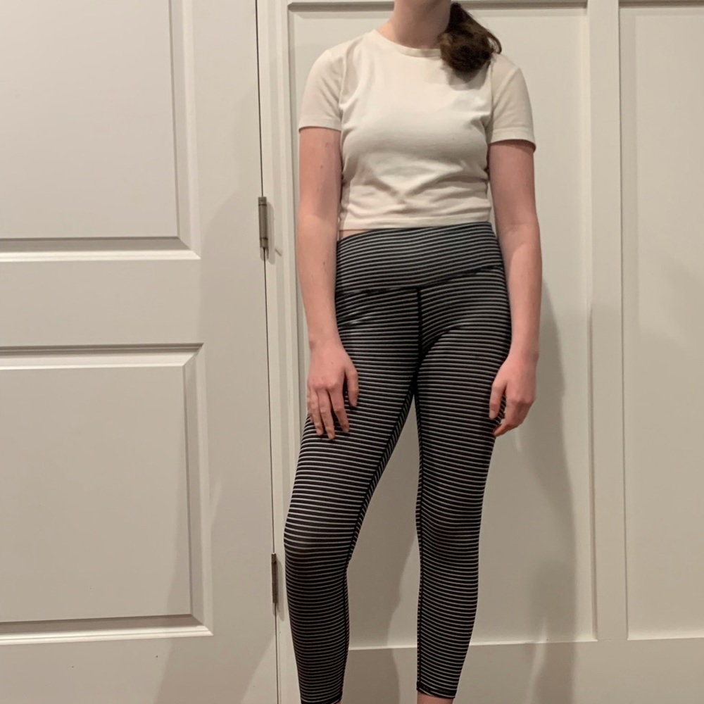 Women’s black and white striped yoga pants, size small, gently used